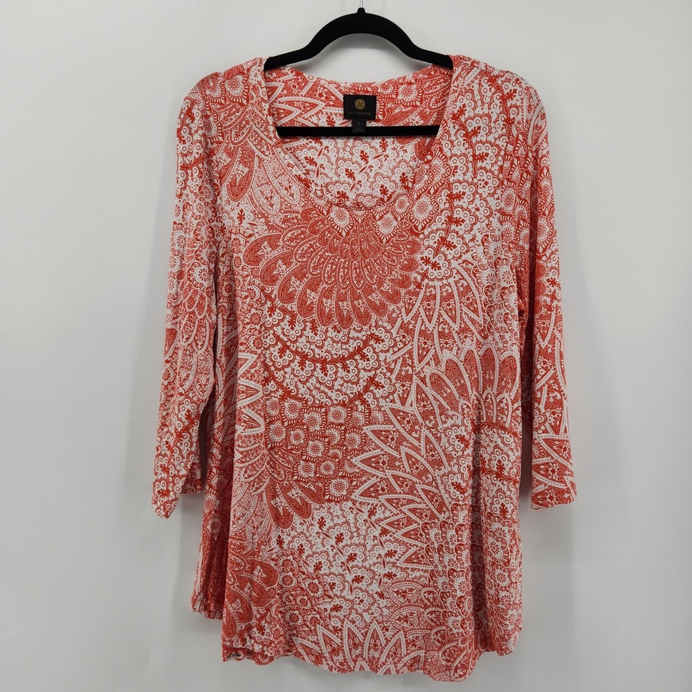 JM Collection Womens Medium Red White Paisley 3/4 Sleeve Tunic Top‎